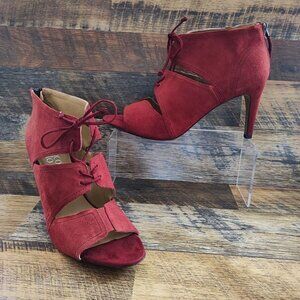 Franco Sarto Women's Shawnee Dress Pump Lace-Up Red Suede Stiletto Bootie Sz 9.5